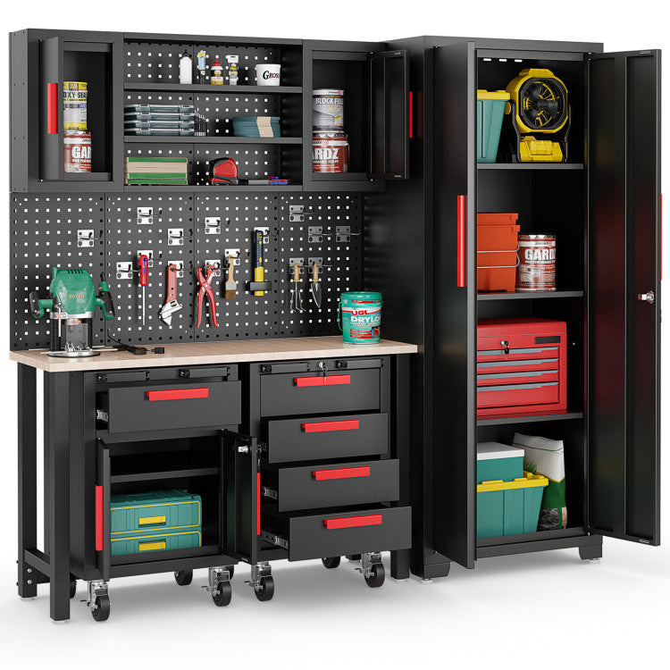 6 Pieces Garage Cabinets and Storage System Set 81.5” Tool Storage Workbench Pegboard Wall Organizer with Adjustable Shelves and Rolling Chests for Workshop