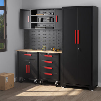 6 Pieces Garage Cabinets and Storage System Set 81.5” Tool Storage Workbench Pegboard Wall Organizer with Adjustable Shelves and Rolling Chests for Workshop