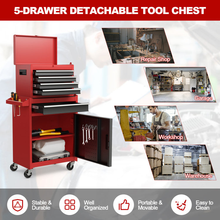 5-Drawer Rolling Tool Box 2-in-1 Lockable Tool Chest Storage Cabinet with Universal Wheels and Trays for Garage Workshop