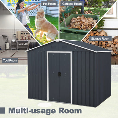 6' x 8' Outdoor Storage Shed Galvanized Metal Garden Tool Organizer with Lockable Slide Doors and Air Vent