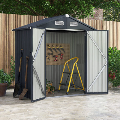 6 x 4/10 x 8 Feet Outdoor Storage Shed Galvanized Steel Utility Tool House with Lockable Door and 4 Vents