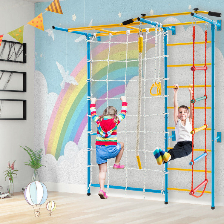 7-in-1 Kids Climbing Toys Indoor Steel Climb Playground Set Gym Equipment Wall Ladder with PVC foot pads and Gymnastic Rings