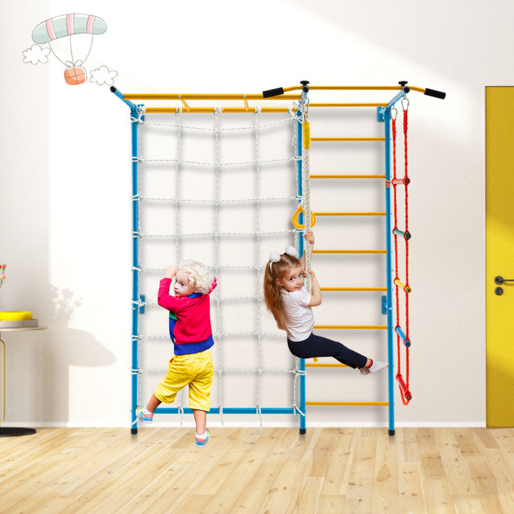 7-in-1 Kids Climbing Toys Indoor Steel Climb Playground Set Gym Equipment Wall Ladder with PVC foot pads and Gymnastic Rings