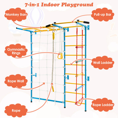 7-in-1 Kids Climbing Toys Indoor Steel Climb Playground Set Gym Equipment Wall Ladder with PVC foot pads and Gymnastic Rings