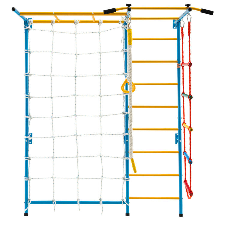 7-in-1 Kids Climbing Toys Indoor Steel Climb Playground Set Gym Equipment Wall Ladder with PVC foot pads and Gymnastic Rings