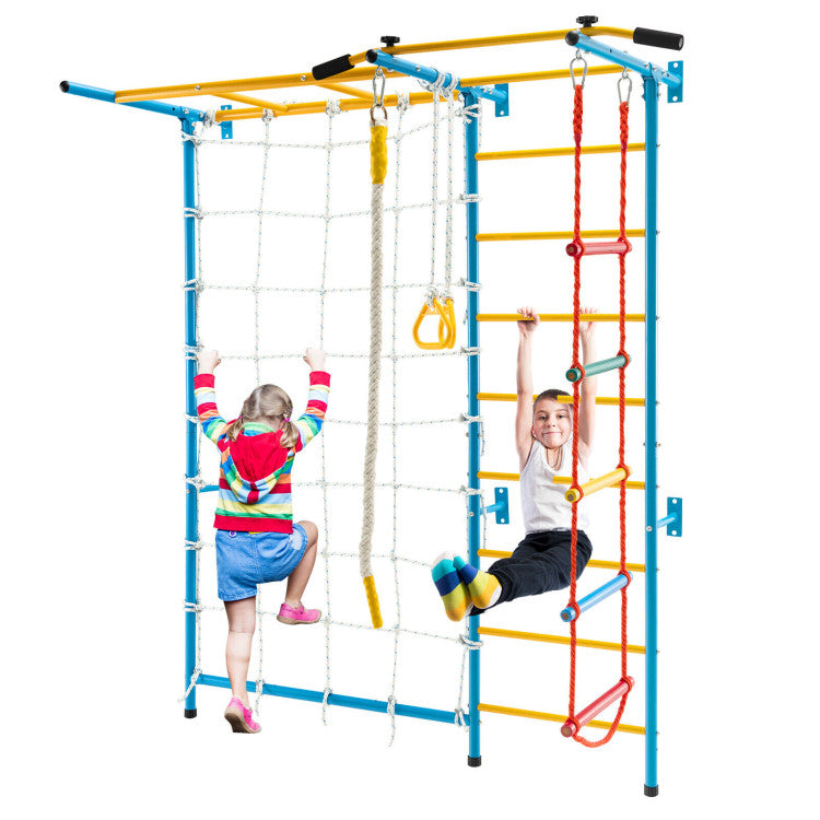 7-in-1 Kids Climbing Toys Indoor Steel Climb Playground Set Gym Equipment Wall Ladder with PVC foot pads and Gymnastic Rings