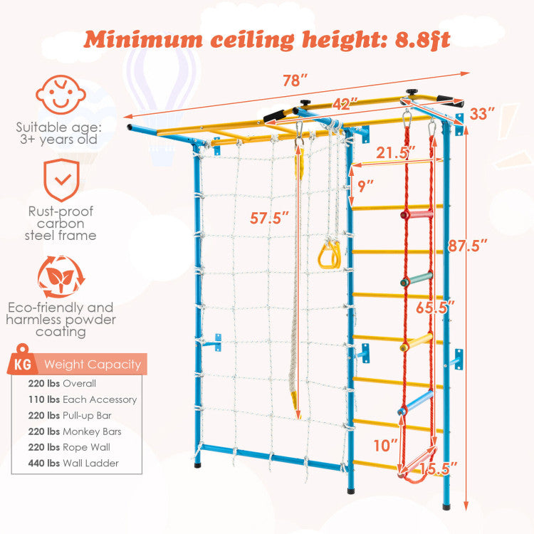 7-in-1 Kids Climbing Toys Indoor Steel Climb Playground Set Gym Equipment Wall Ladder with PVC foot pads and Gymnastic Rings