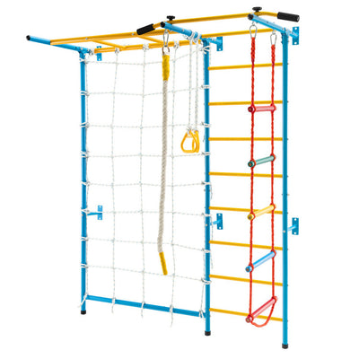 7-in-1 Kids Climbing Toys Indoor Steel Climb Playground Set Gym Equipment Wall Ladder with PVC foot pads and Gymnastic Rings