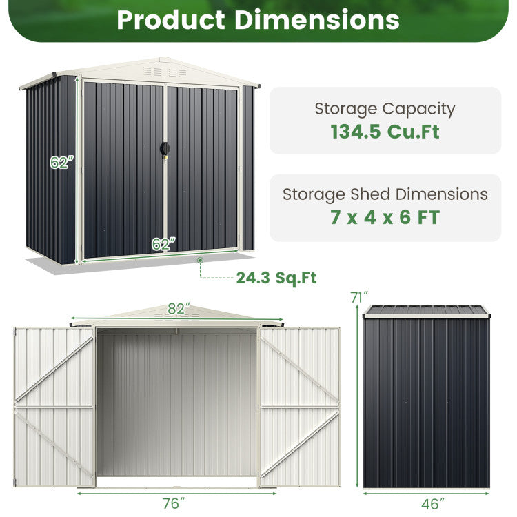 7 x 4 Feet Metal Outdoor Garden Tool Storage Shed with Lockable Doors and Metal Latch