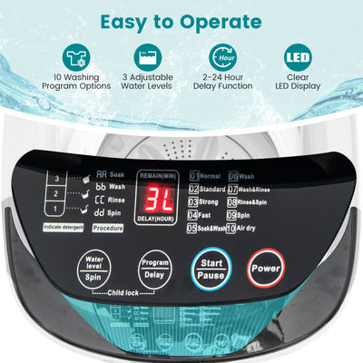 7.7 Lbs Portable Full-Automatic Washing Machine 2-in-1 Compact Laundry Washer with 10 Preset Programs and 3 Water Levels