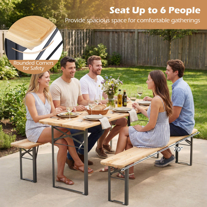70 Inch 3-Piece Folding Picnic Table with Benches for 6 Fir Wood Portable Bear Camping Table