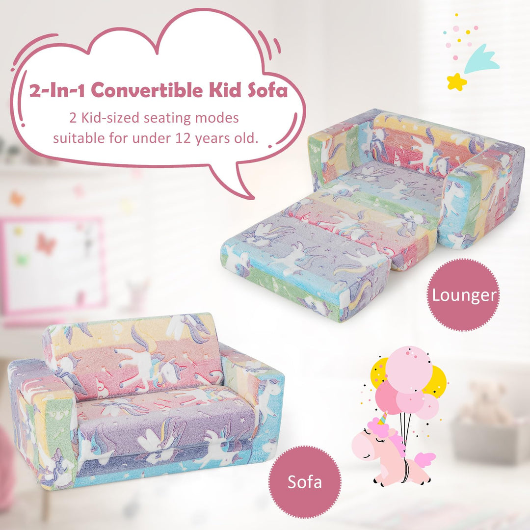 2-in-1 Flip-Out Kids Sofa Chair, Convertible Toddler Couch to Lounger with Removable Flannel Cover &amp; Glowing Designs