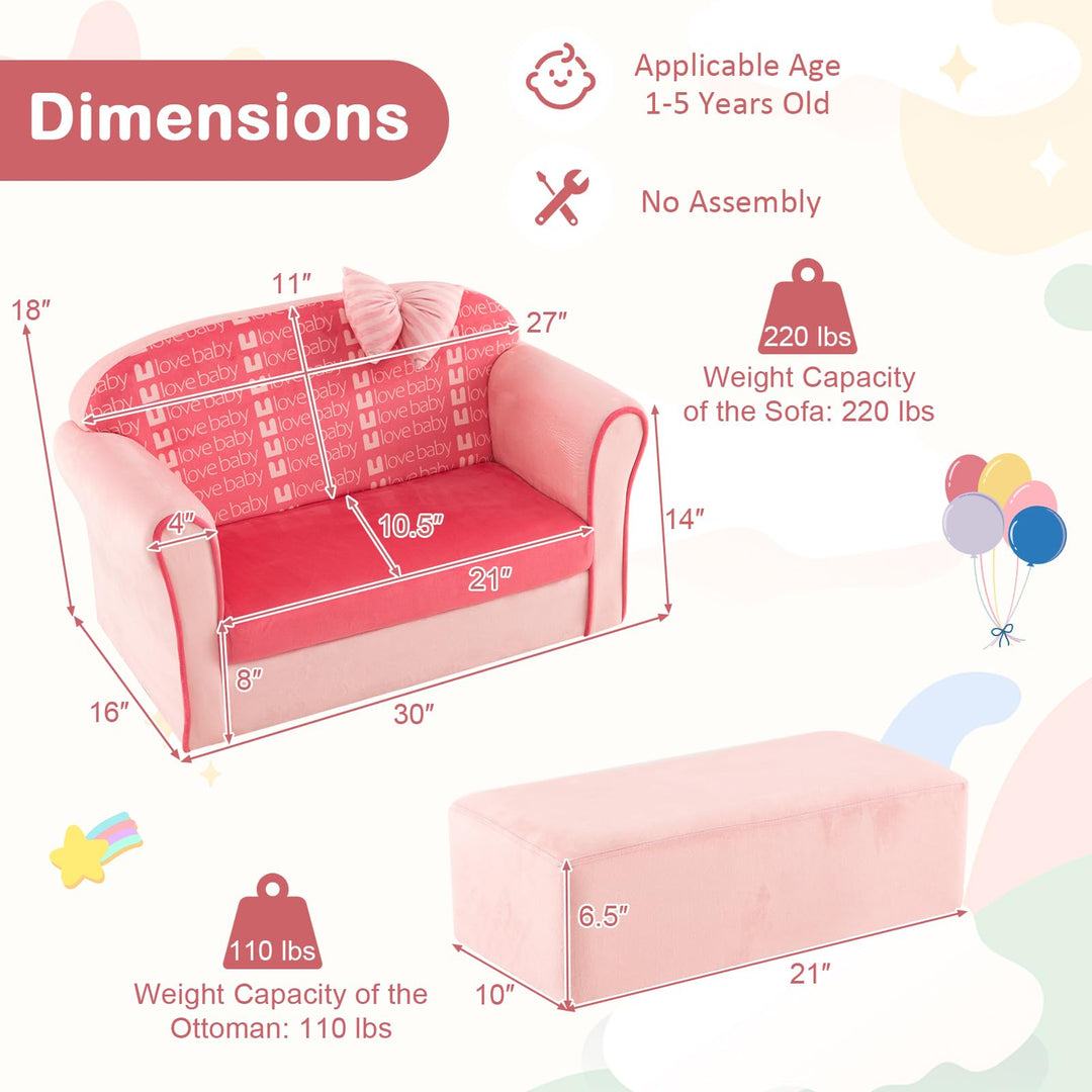 Toddler Sofa Chair with Ottoman, Soft Velvet Kids Couch with Curved Armrests