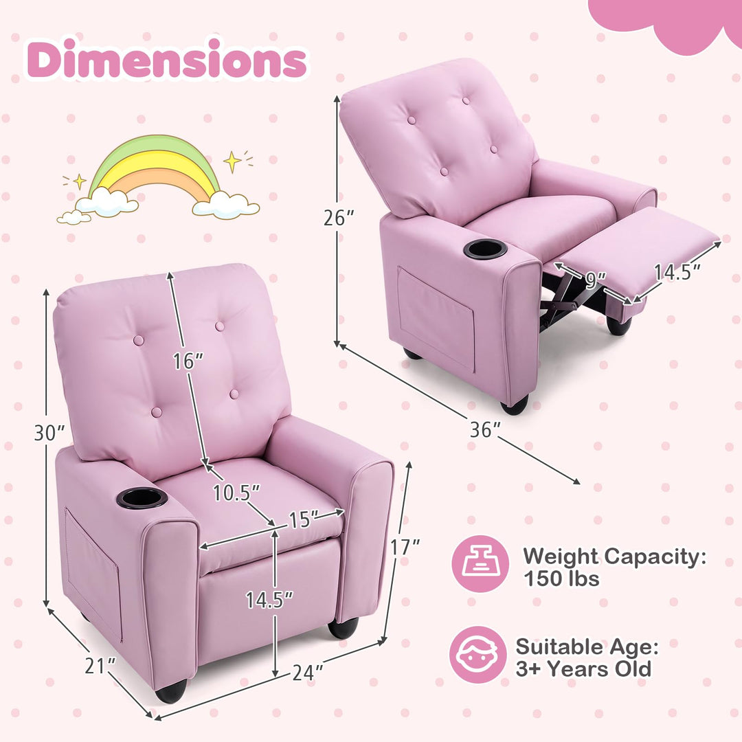 Push Back Kids Recliner Chair, PU Leather Toddler Reclining Armchair with Adjustable Footrest and Cup Holder