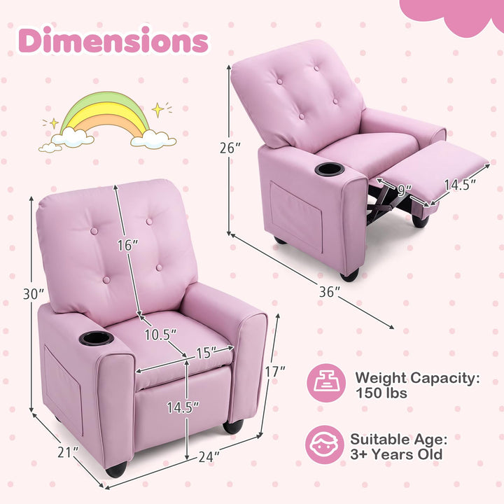 Push Back Kids Recliner Chair, PU Leather Toddler Reclining Armchair with Adjustable Footrest and Cup Holder