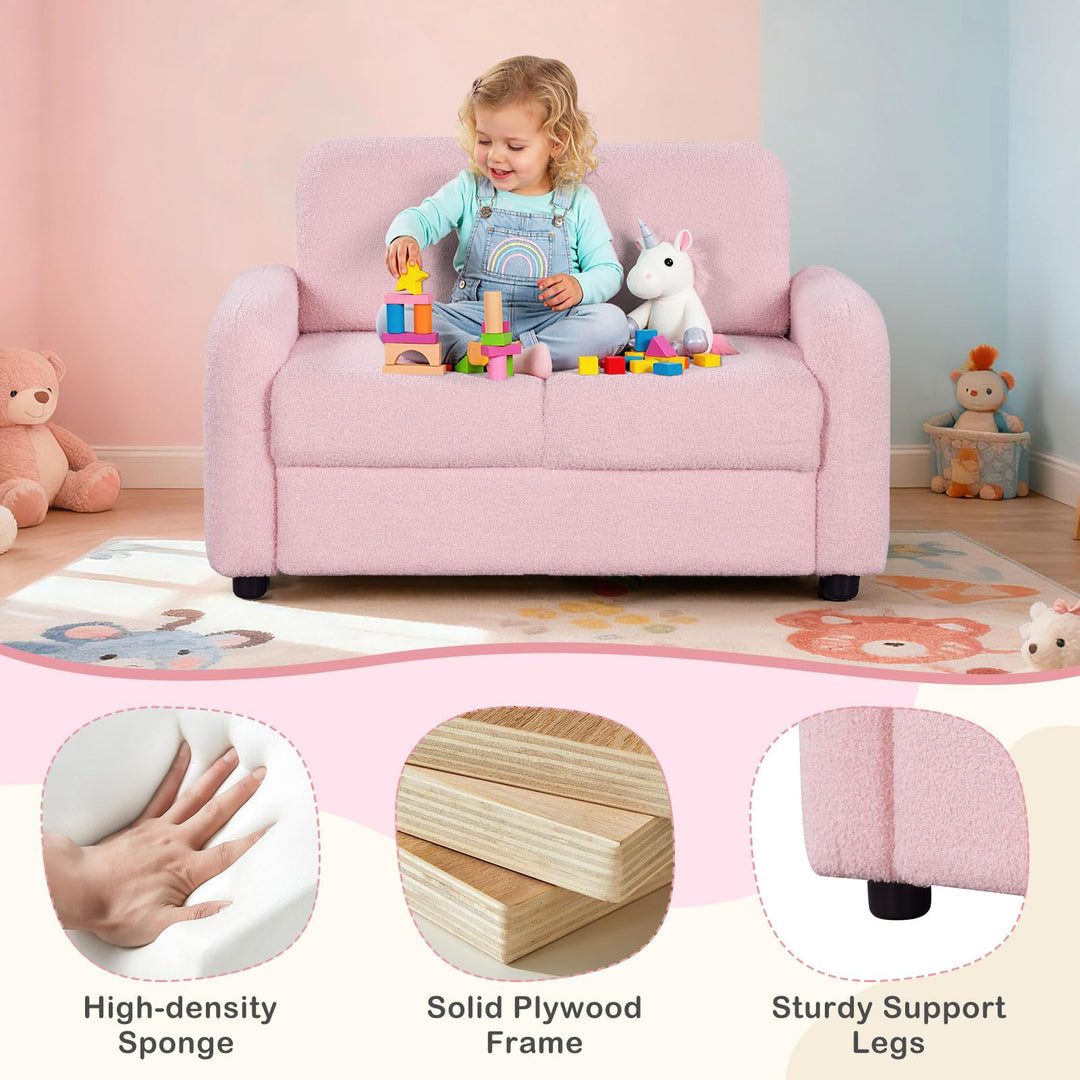 2-Seat Kids Sofa, Toddler Sofa Couch w/Soft Teddy Fleece Upholstery &amp; Solid Wooden Frame