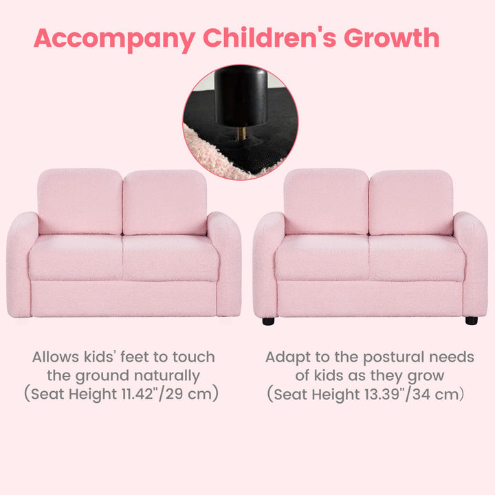 Kids Sofa, 2 Seat Soft Thick Upholstered Couch with Plush Fabric Solid Wooden Frame
