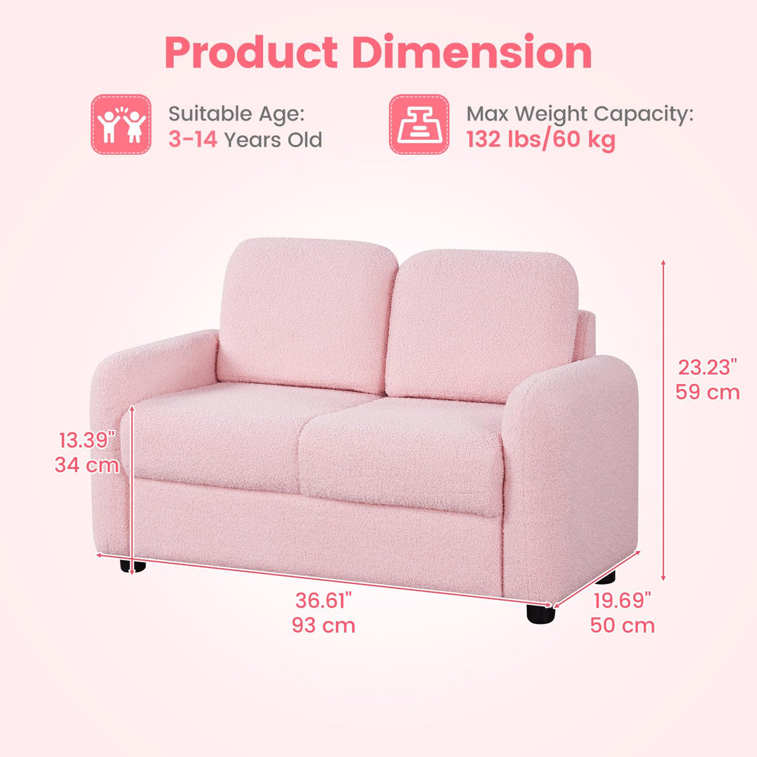 Kids Sofa, 2 Seat Soft Thick Upholstered Couch with Plush Fabric Solid Wooden Frame