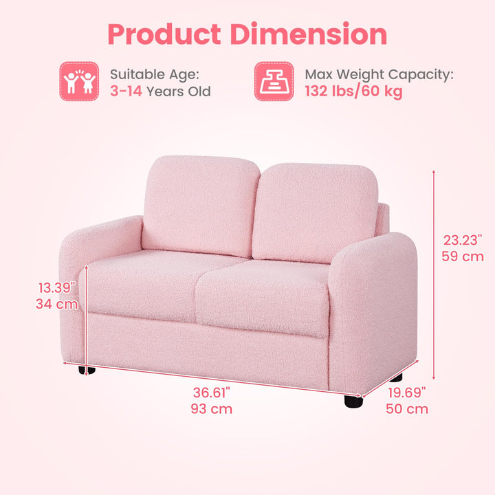 Kids Sofa, 2 Seat Soft Thick Upholstered Couch with Plush Fabric Solid Wooden Frame