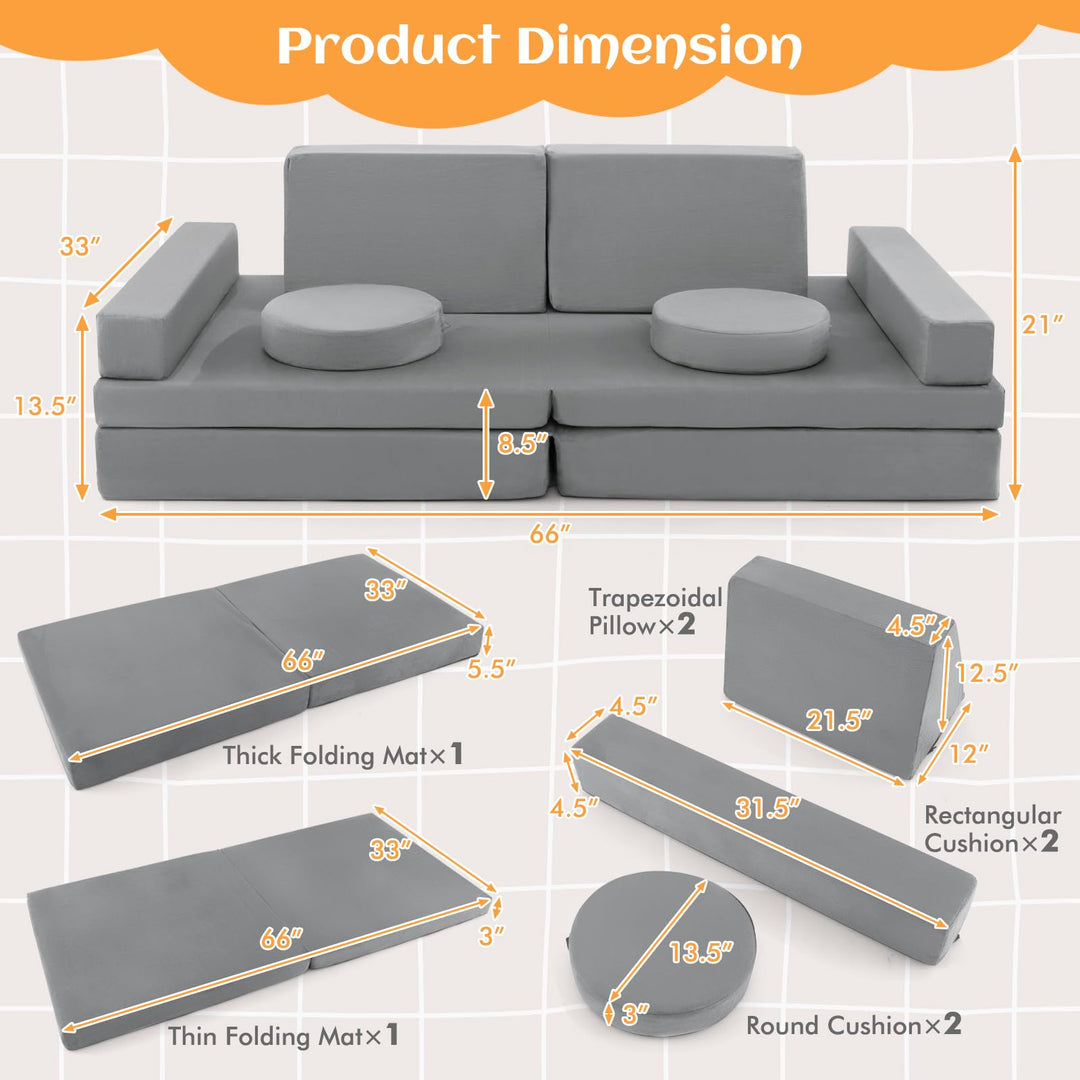 10-Piece Modular Kids Play Couch, Convertible Foam Sectional Sofa with Portable Handle