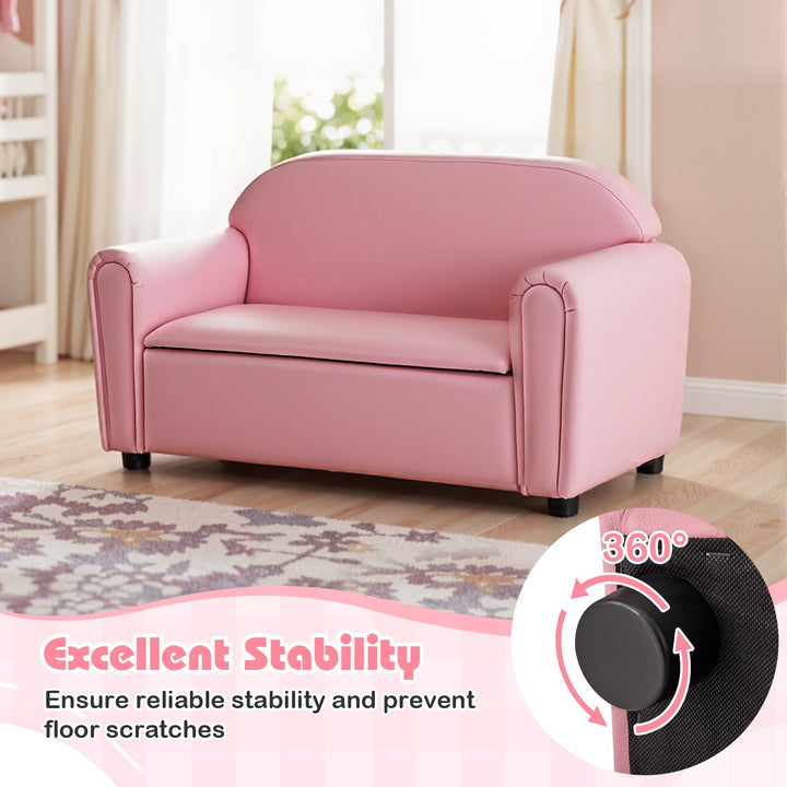Kids Sofa, 2-Seat Children Couch with Under-Seat Storage, PVC Cover, Cozy Backrest &amp; Soft Padded Seat
