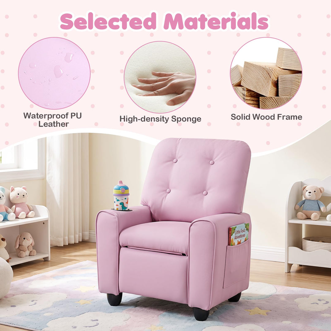 Push Back Kids Recliner Chair, PU Leather Toddler Reclining Armchair with Adjustable Footrest and Cup Holder