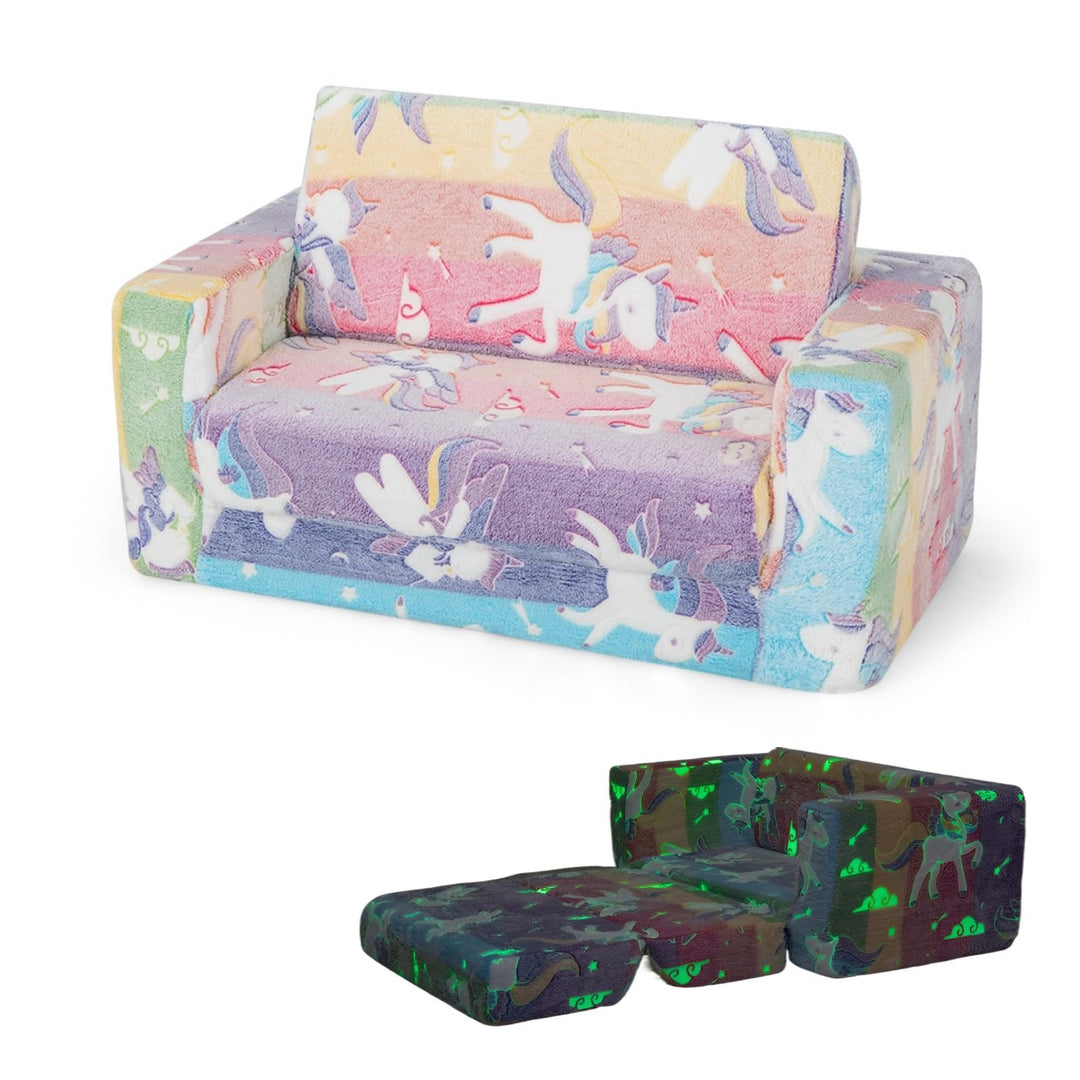 2-in-1 Flip-Out Kids Sofa Chair, Convertible Toddler Couch to Lounger with Removable Flannel Cover &amp; Glowing Designs