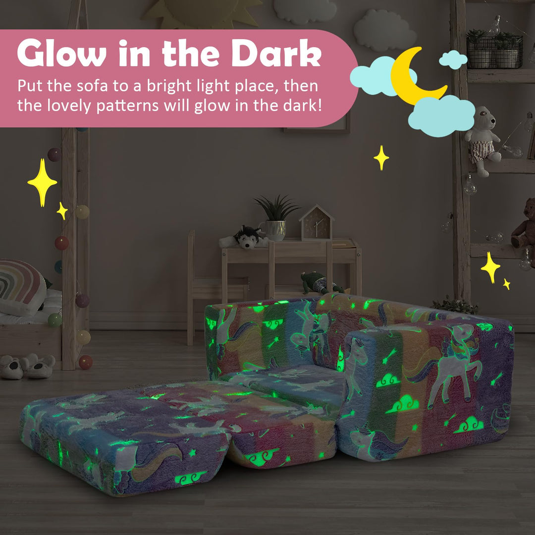 2-in-1 Flip-Out Kids Sofa Chair, Convertible Toddler Couch to Lounger with Removable Flannel Cover &amp; Glowing Designs