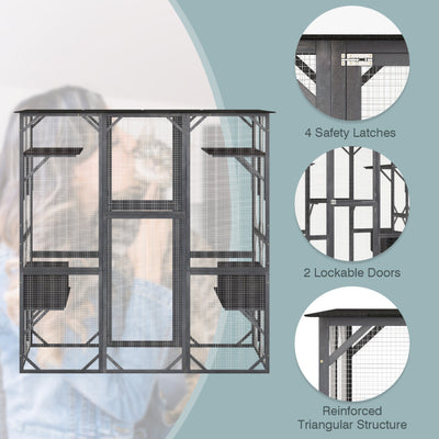 71 Inch Outdoor Cat House Kitten Enclosure Wooden Cat Cage Playpen  Walk-in Cat Kennel Condo with 7 Jumping Platforms and 2 Resting Boxes