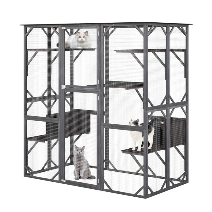 71 Inch Outdoor Cat House Kitten Enclosure Wooden Cat Cage Playpen  Walk-in Cat Kennel Condo with 7 Jumping Platforms and 2 Resting Boxes