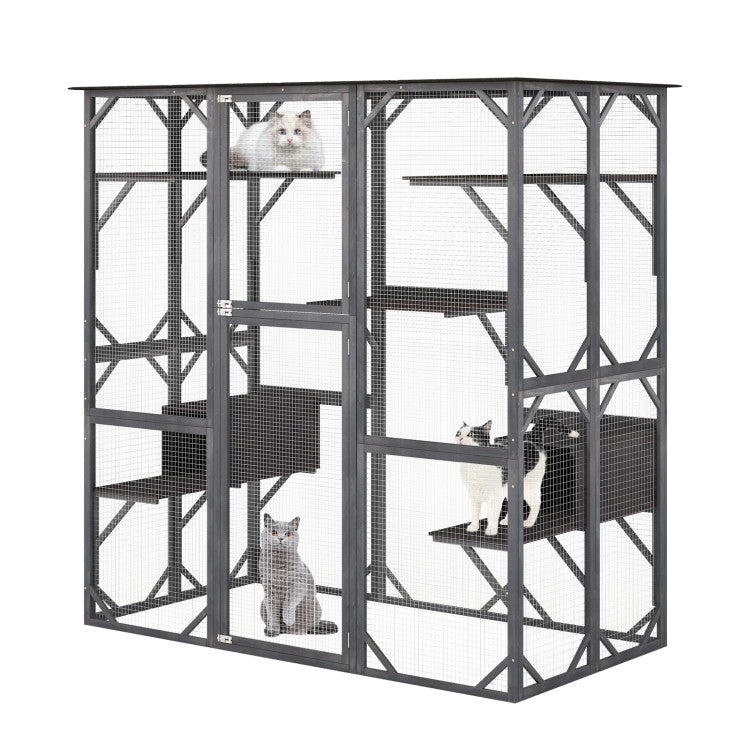 71 Inch Outdoor Cat House Kitten Enclosure Wooden Cat Cage Playpen  Walk-in Cat Kennel Condo with 7 Jumping Platforms and 2 Resting Boxes