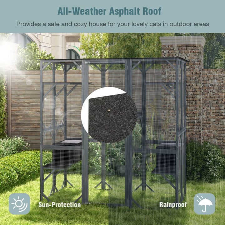 71 Inch Outdoor Cat House Kitten Enclosure Wooden Cat Cage Playpen  Walk-in Cat Kennel Condo with 7 Jumping Platforms and 2 Resting Boxes