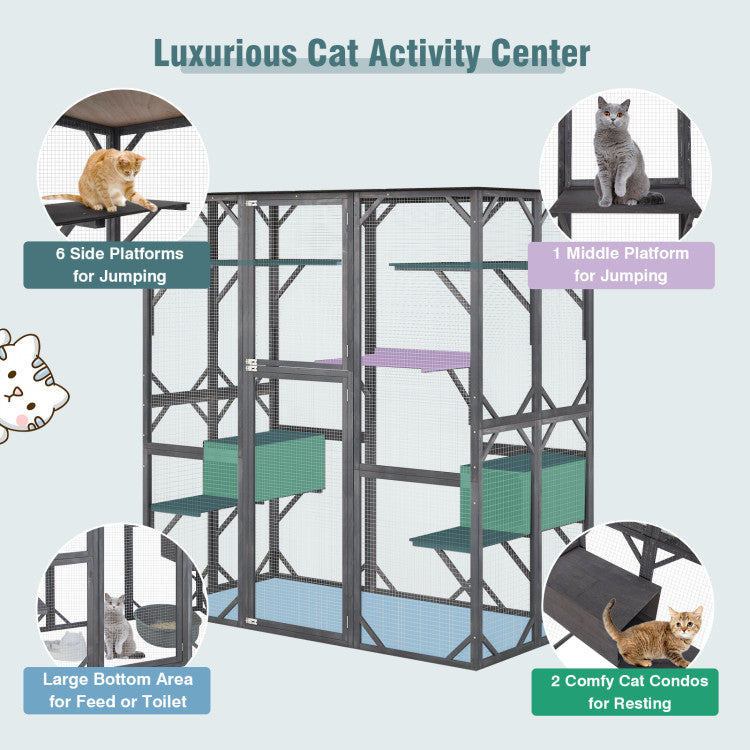 71 Inch Outdoor Cat House Kitten Enclosure Wooden Cat Cage Playpen  Walk-in Cat Kennel Condo with 7 Jumping Platforms and 2 Resting Boxes