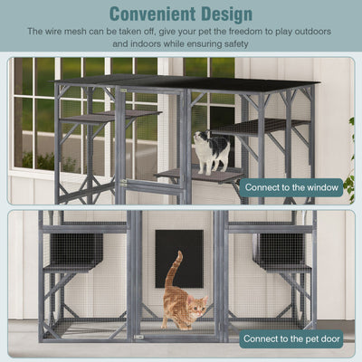 71 Inch Outdoor Cat House Kitten Enclosure Wooden Cat Cage Playpen  Walk-in Cat Kennel Condo with 7 Jumping Platforms and 2 Resting Boxes