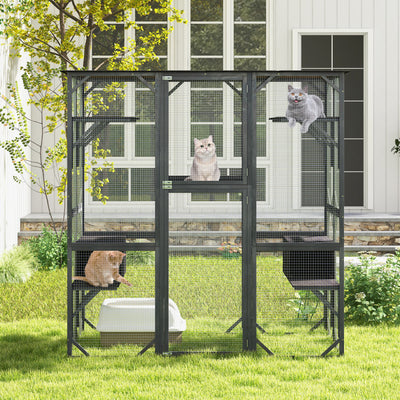 71 Inch Outdoor Cat House Kitten Enclosure Wooden Cat Cage Playpen  Walk-in Cat Kennel Condo with 7 Jumping Platforms and 2 Resting Boxes