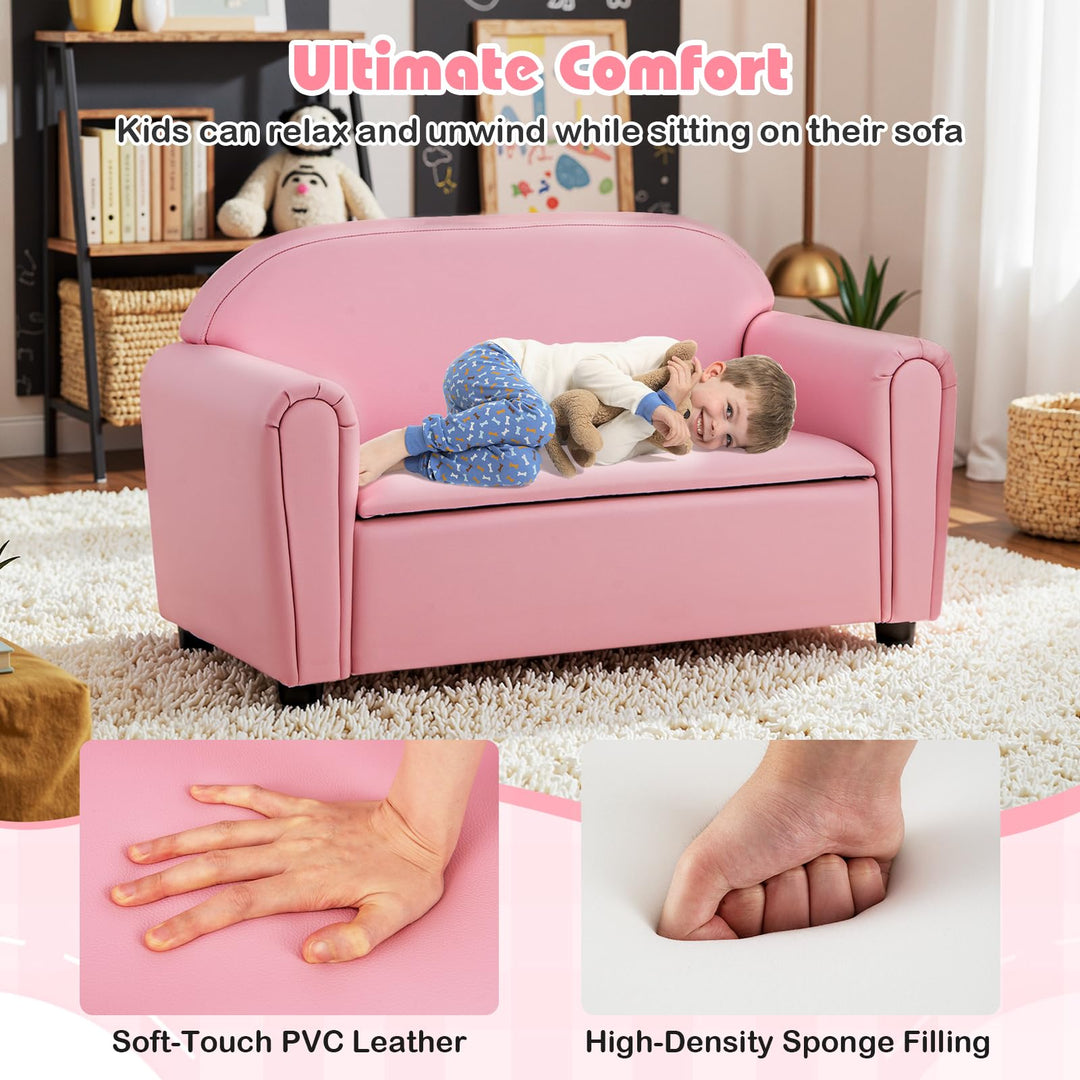 Kids Sofa, 2-Seat Children Couch with Under-Seat Storage, PVC Cover, Cozy Backrest &amp; Soft Padded Seat