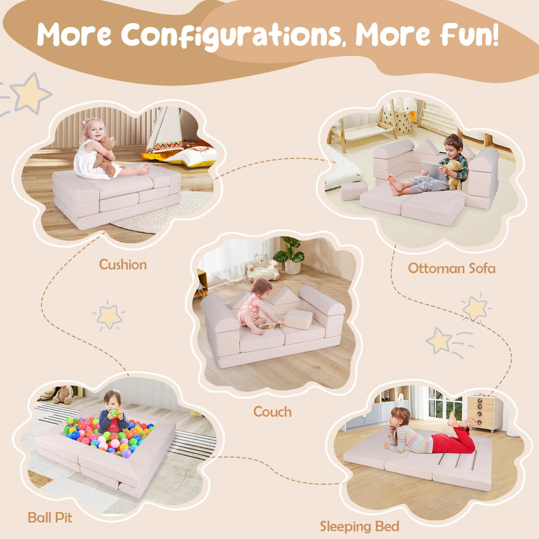 Modular Kids Play Couch, 9-Piece Climb &amp; Crawl Foam and Floor Playset w/ Breathable Suede Fabric