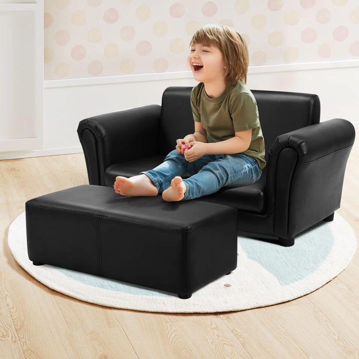 Kids Sofa Set with Ottoman, 2-Seater Wooden Children Loveseat with Armrest &amp; Backrest