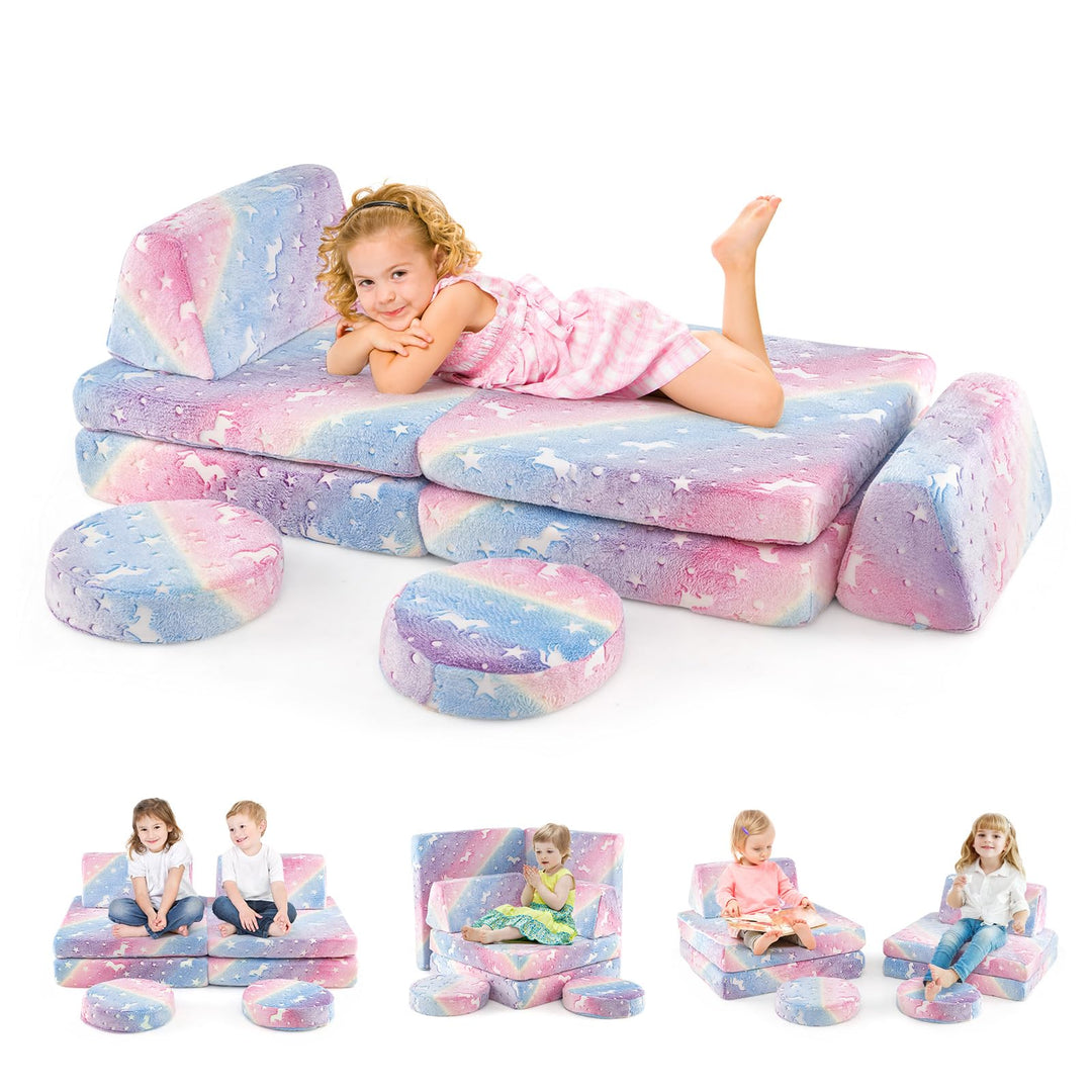 Glow in the Dark Kids Play Couch, Convertible Toddlers Modular Sofa Set with Soft Flannel Covers for Boys Girls