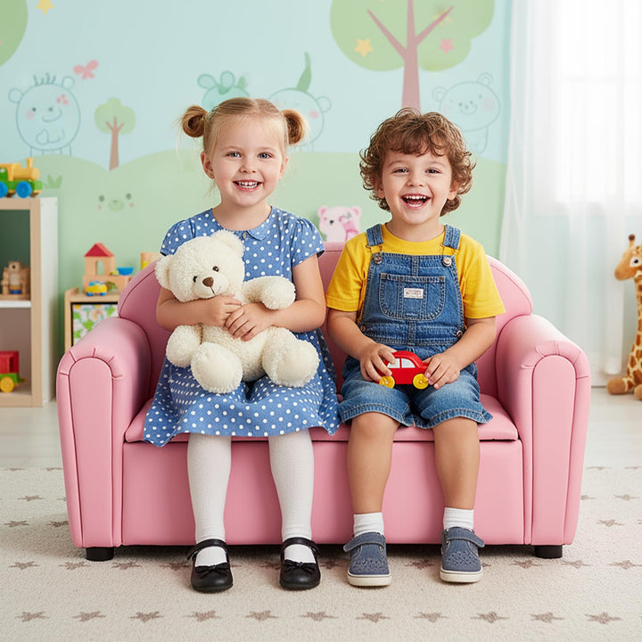 Kids Sofa, 2-Seat Children Couch with Under-Seat Storage, PVC Cover, Cozy Backrest &amp; Soft Padded Seat