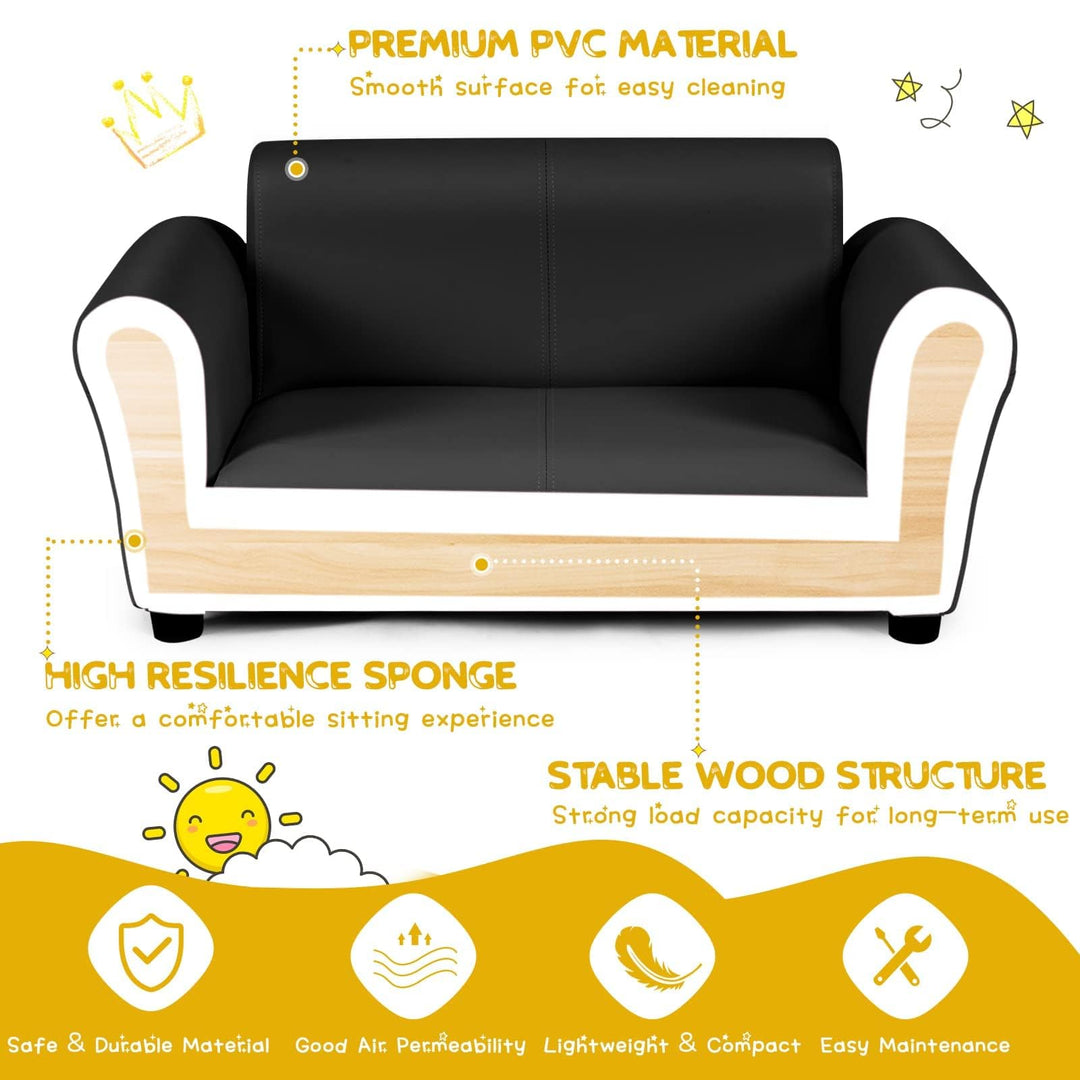 Kids Sofa Set with Ottoman, 2-Seater Wooden Children Loveseat with Armrest &amp; Backrest