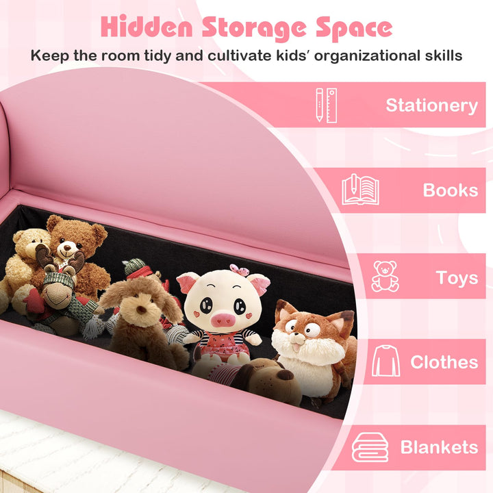 Kids Sofa, 2-Seat Children Couch with Under-Seat Storage, PVC Cover, Cozy Backrest &amp; Soft Padded Seat
