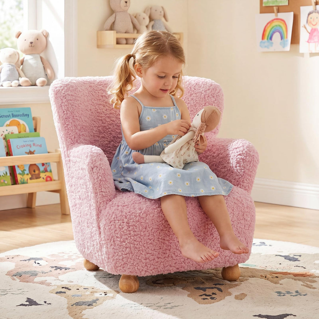 Sherpa Kids Sofa, Comfy Toddler Armchair with Solid Rubber Wood Legs