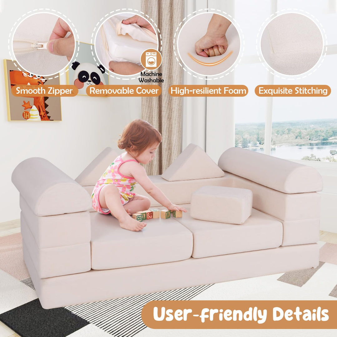 Modular Kids Play Couch, 9-Piece Climb &amp; Crawl Foam and Floor Playset w/ Breathable Suede Fabric