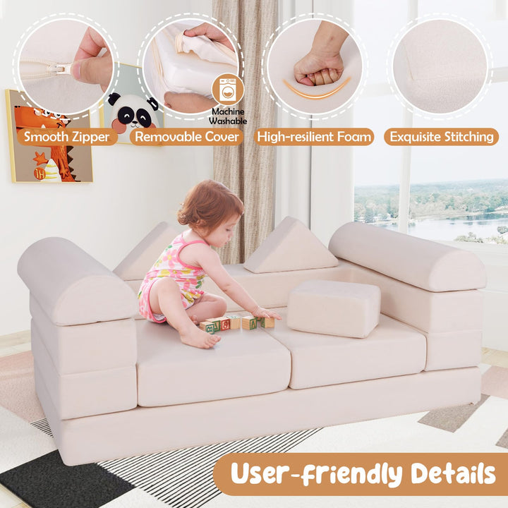 Modular Kids Play Couch, 9-Piece Climb &amp; Crawl Foam and Floor Playset w/ Breathable Suede Fabric