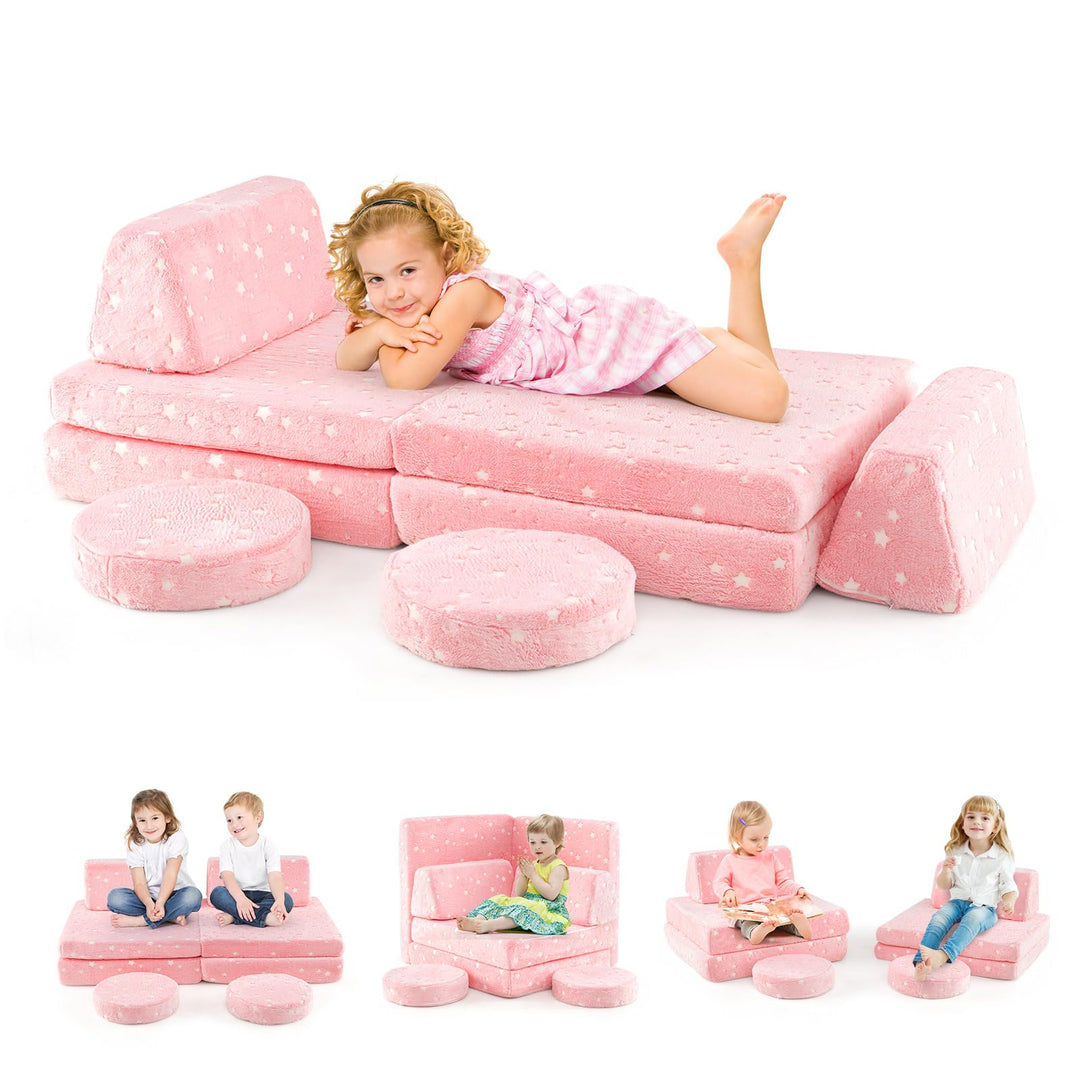 Glow in the Dark Kids Play Couch, Convertible Toddlers Modular Sofa Set with Soft Flannel Covers for Boys Girls