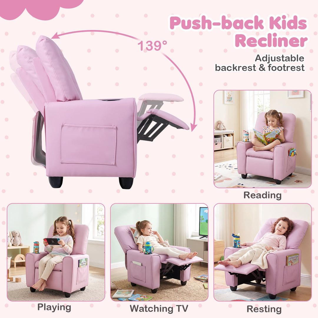 Push Back Kids Recliner Chair, PU Leather Toddler Reclining Armchair with Adjustable Footrest and Cup Holder