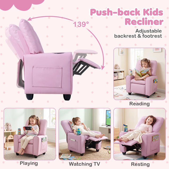 Push Back Kids Recliner Chair, PU Leather Toddler Reclining Armchair with Adjustable Footrest and Cup Holder