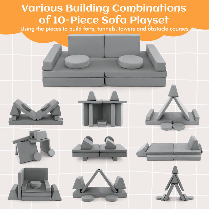 10-Piece Modular Kids Play Couch, Convertible Foam Sectional Sofa with Portable Handle