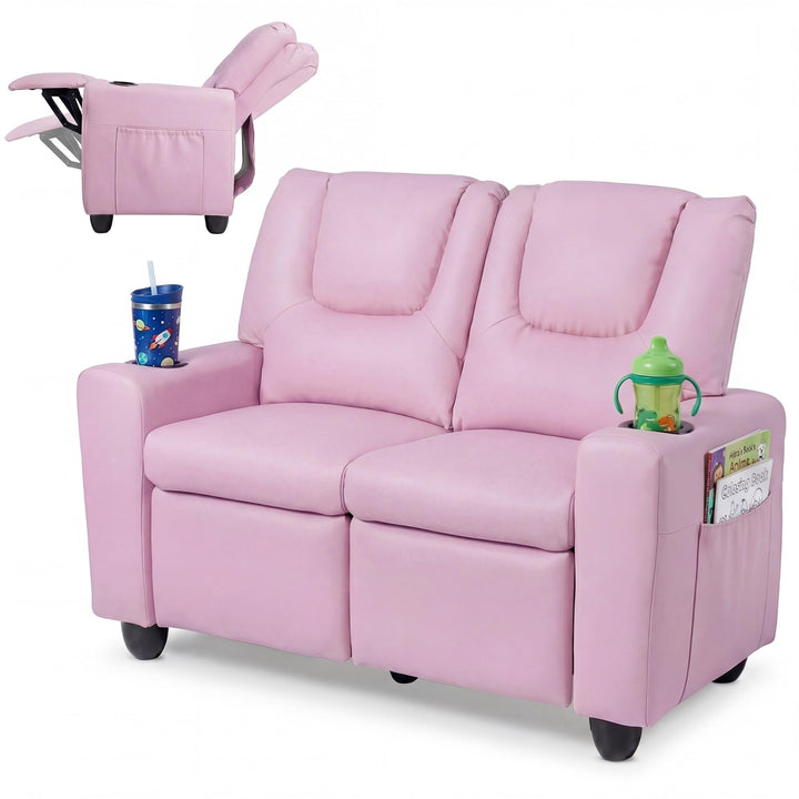 2-Seater Kids Recliner, Double Toddler Loveseat Sofa w/2 Cup Holders